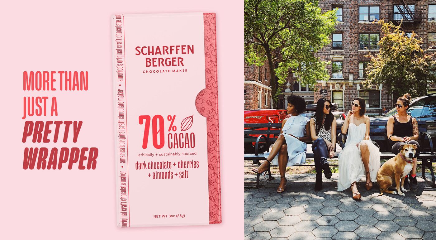 Scharffen Berger branding and chocolate bar packaging by GOGO Galactic.