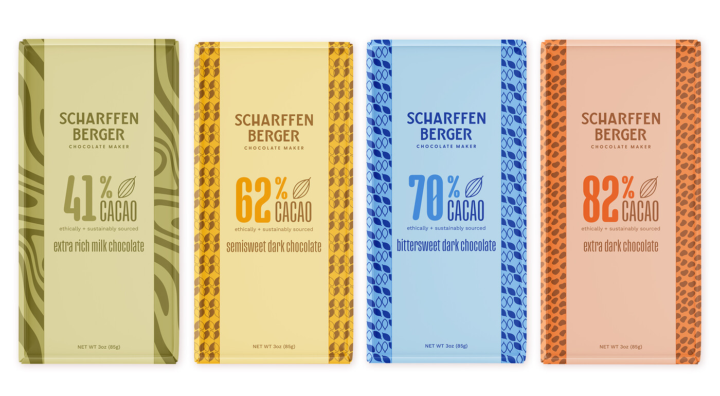 The orginal four Scharffen Berger chocoalte bars, packaging desgin by GOGO agency.