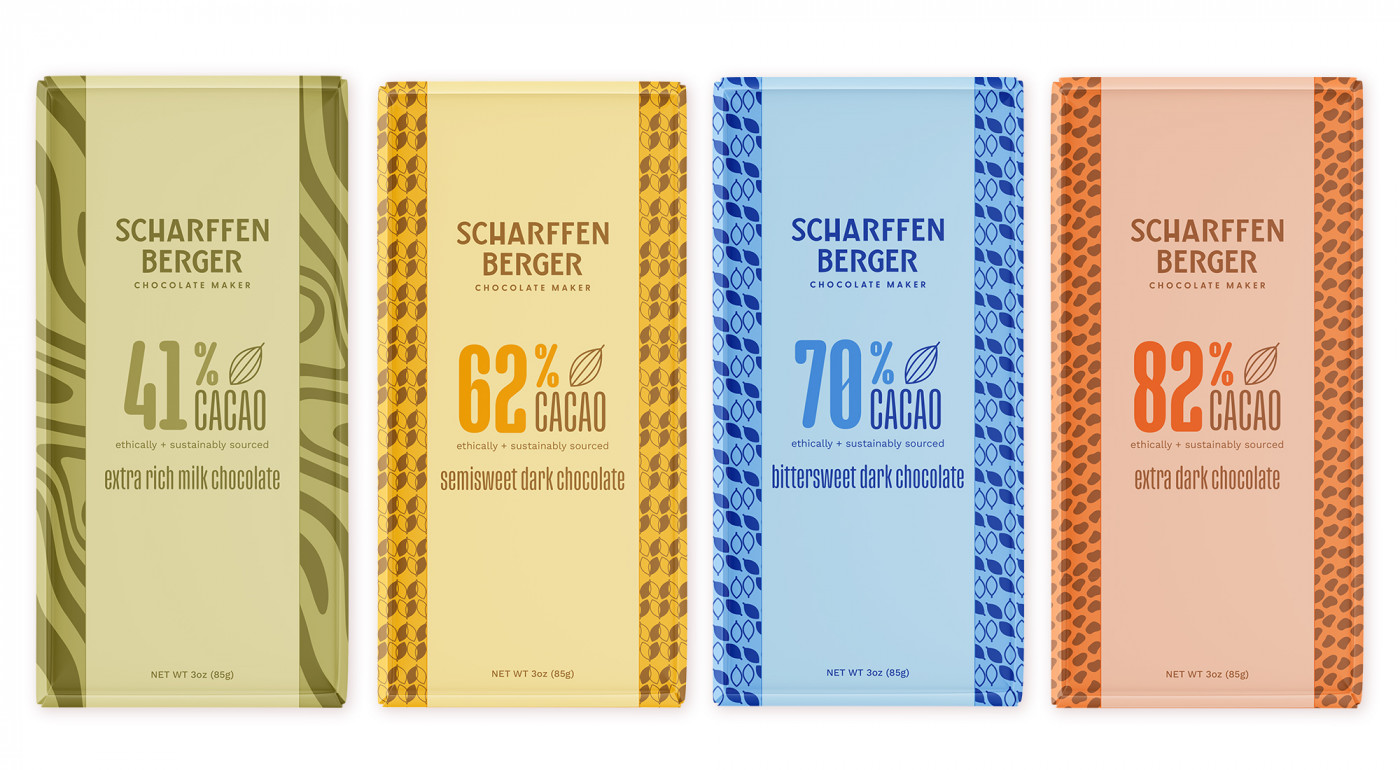 The orginal four Scharffen Berger chocoalte bars, packaging desgin by GOGO agency.